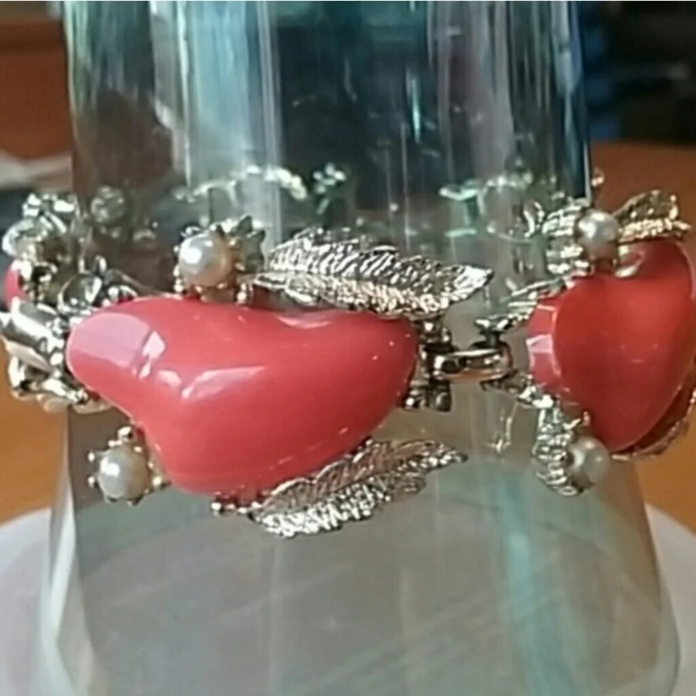 Vintage Unique Bracelet Coral Resin Stones With Pearl And Silver Accents